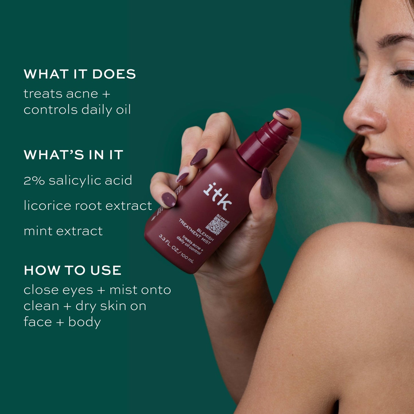 ITK Skincare 2% Salicylic Acid Spray for Face & Body Acne, Blackheads, Pimples & Blemishes – BHA Post-Workout Mist, 3.3oz