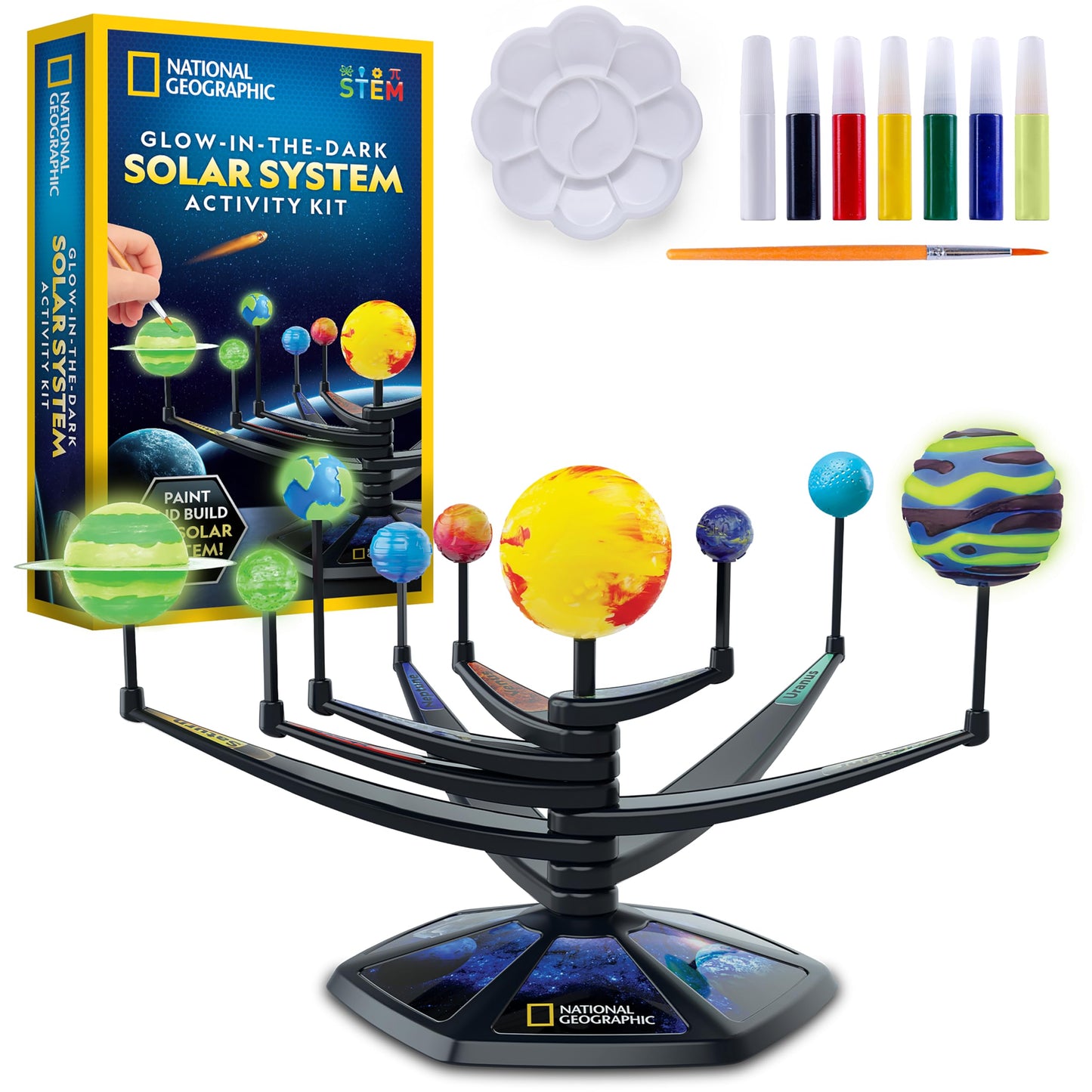 National Geographic Glow-in-the-Dark Solar System Kit for Kids – 3D Build & Paint Planet Model, STEM Learning & Space Room Decor