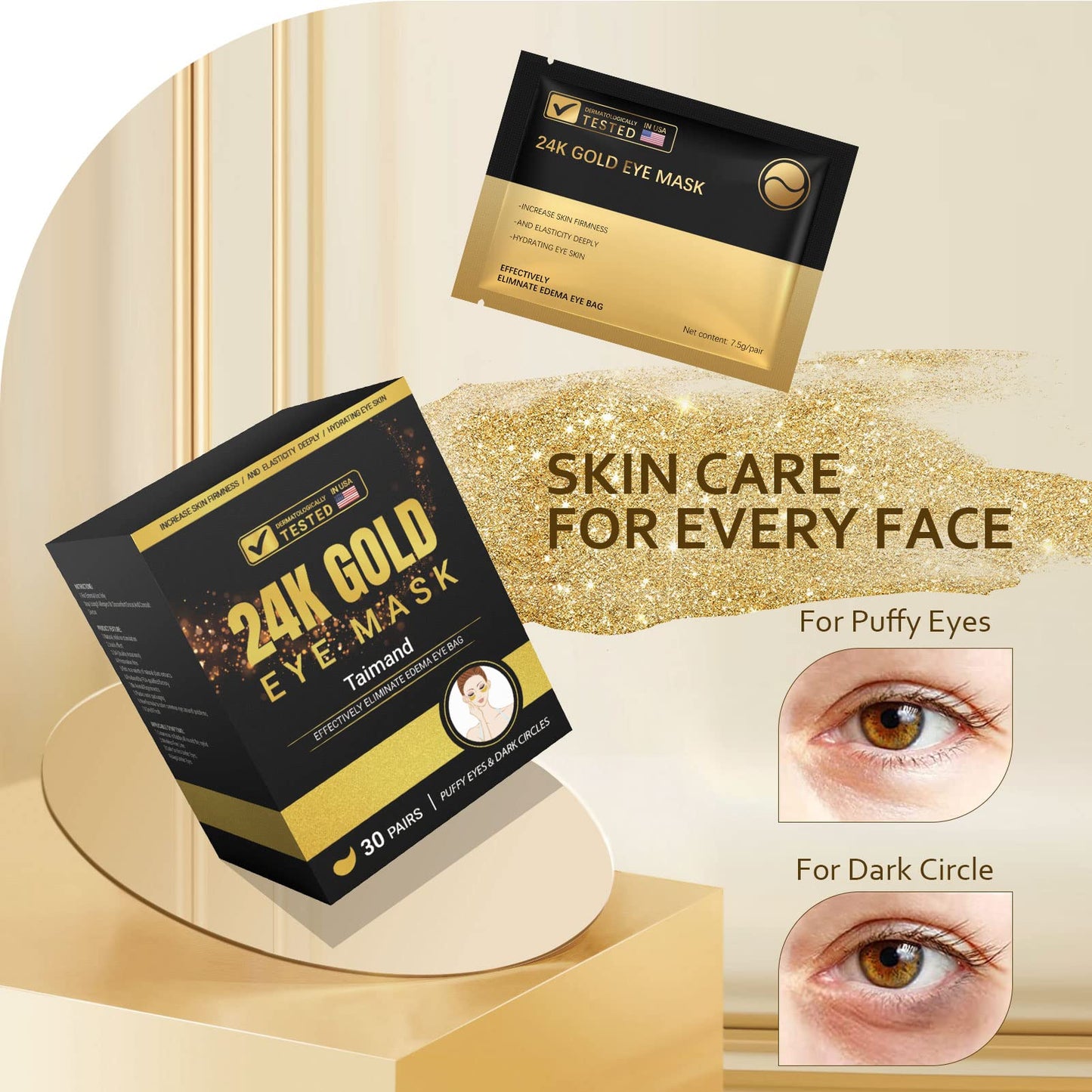 Taimand 24K Gold Under Eye Patches (30 Pairs) – Collagen Eye Mask for Puffy Eyes, Dark Circles, Bags & Wrinkles, Refreshes & Revitalizes Skin