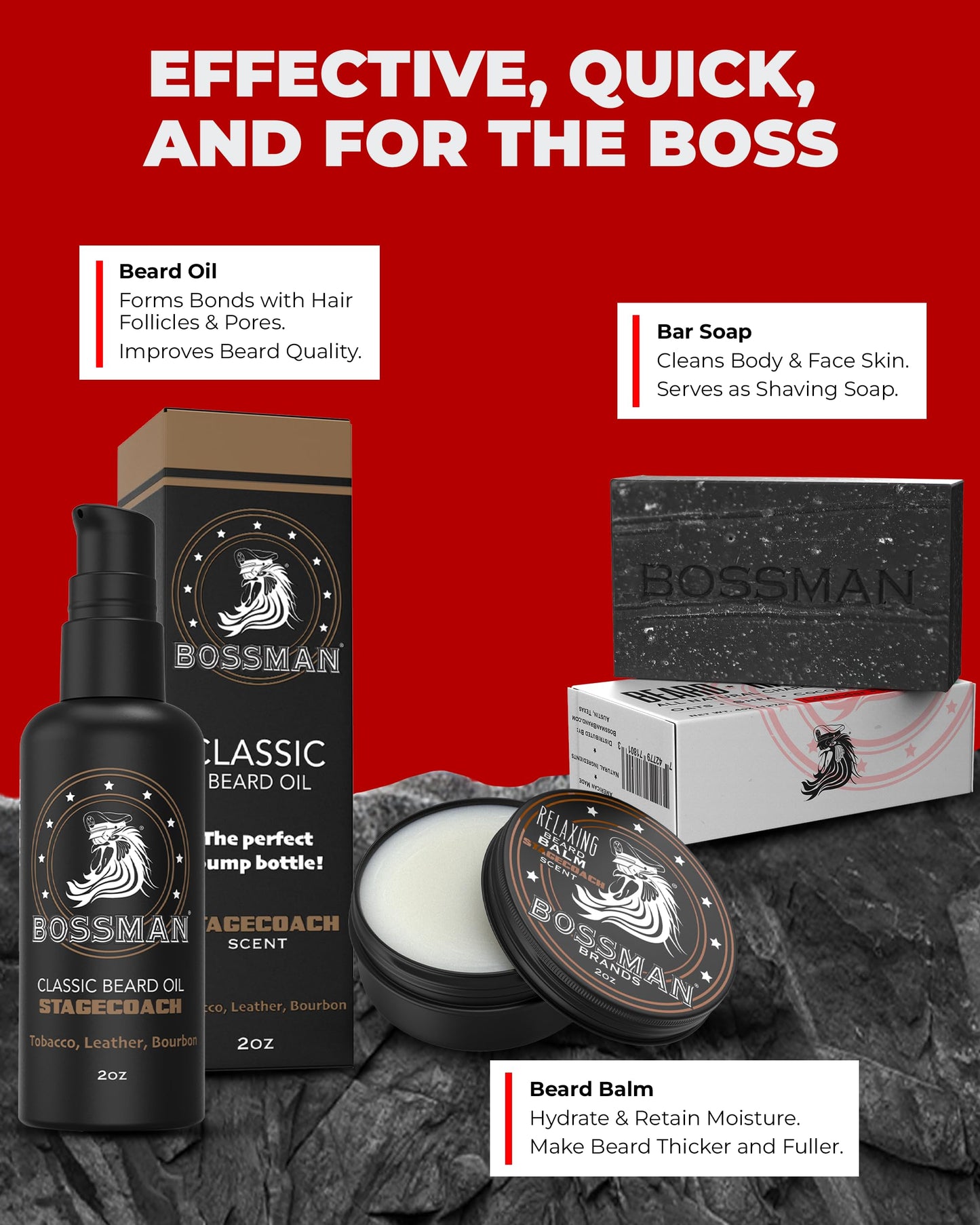 Bossman Starter Beard Kit for Men – Beard Oil (2 oz), Beard Balm & Bar Soap – Natural & Organic Grooming Kit – Made in the USA (Stagecoach Scent)