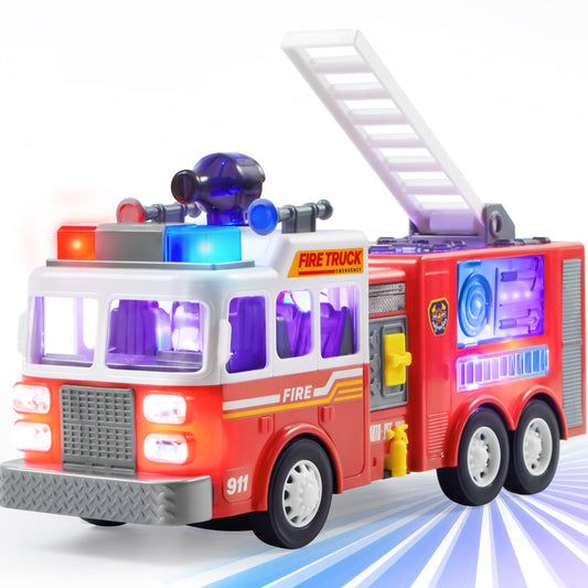 JOYIN LED Fire Truck Toy for Toddlers – Bump & Go Fire Engine with LED Lights, Sirens, Mode Switch & Volume Control, Boys & Girls Gift