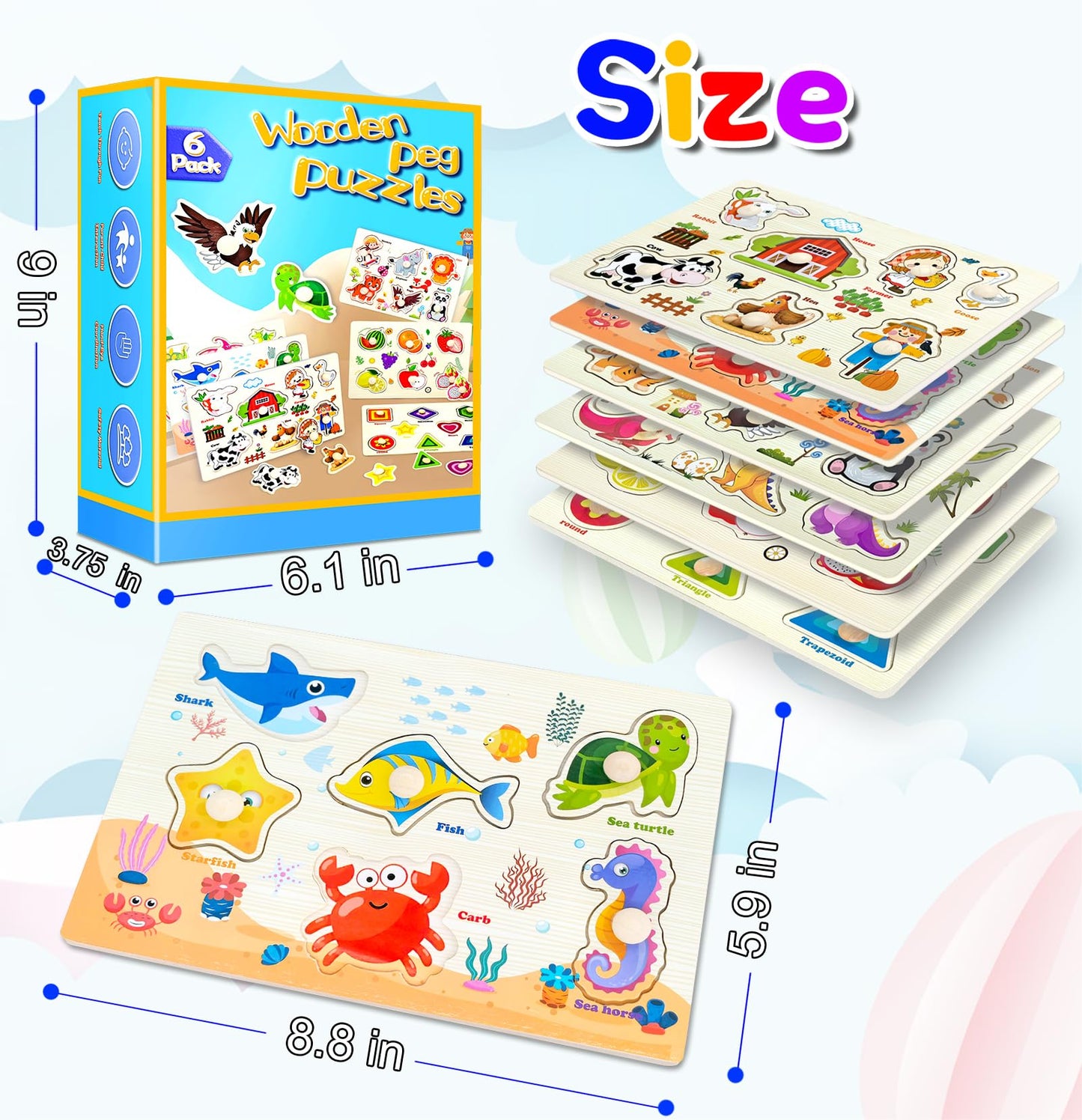 Wooden Peg Puzzles for Toddlers – 6 Montessori Learning Sets: Shapes, Farm, Sea, Dinosaurs, Fruits & Animals, Fine Motor Toys for Kids