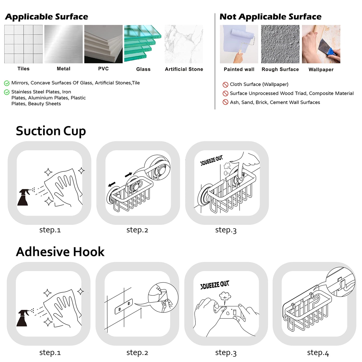 SunnyPoint NeverRust Sink Caddy for Sponges, Soap & Scrubbers, Adhesive Mount with Extra Suction Cup, Aluminum, 6"x2.5"x2.75", Black