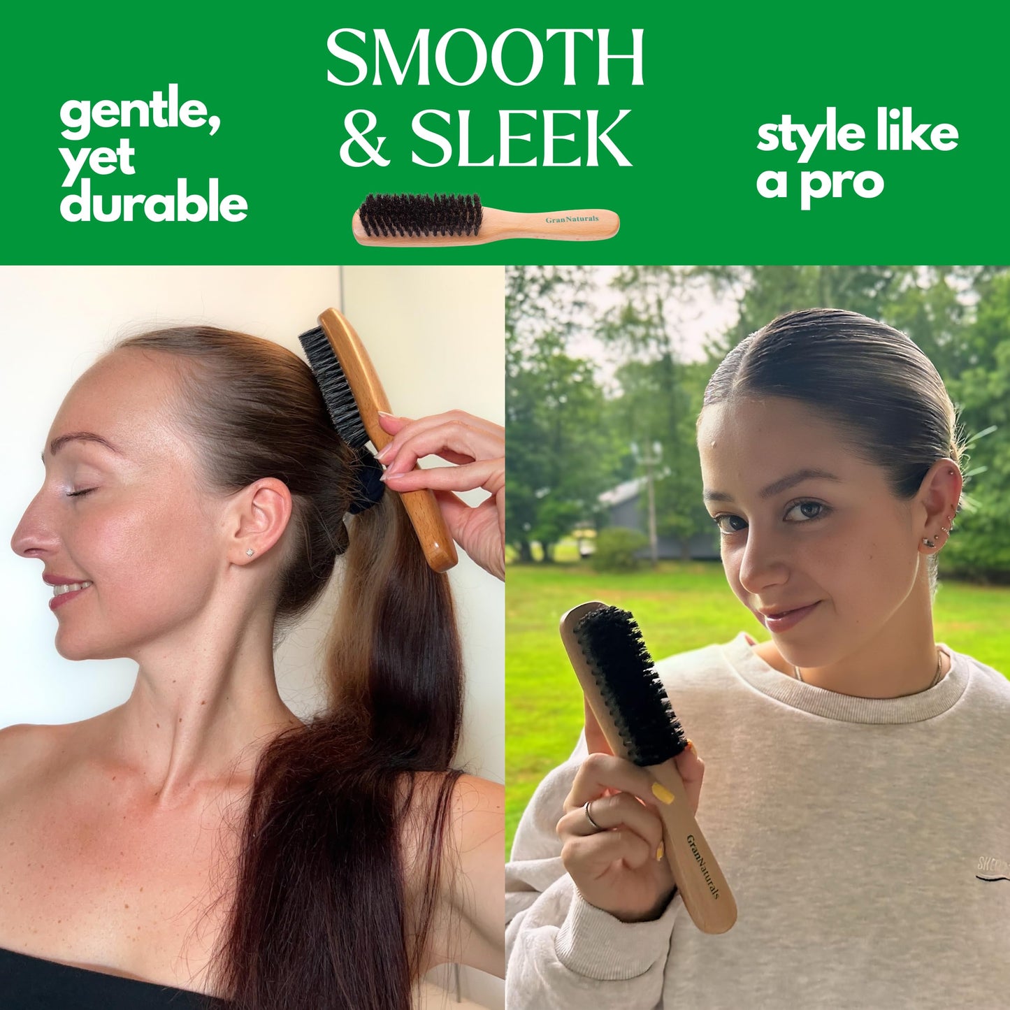 GranNaturals Boar Bristle Slick Back Brush – Soft/Medium Hairbrush for Smooth, Sleek, Frizz-Free Styles – Polishes & Lays Hair Flat – Wooden Handle