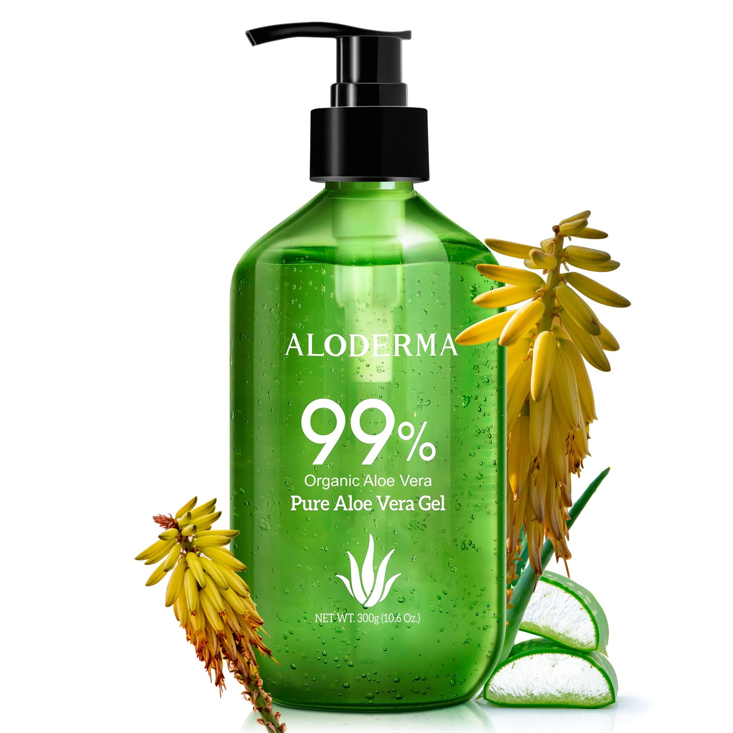 Aloderma 99% Organic Aloe Vera Gel – Fresh, Lightweight, Non-Sticky Hydrating Gel for Face, Body, Hair & Scalp, After Sun Relief 10.6oz