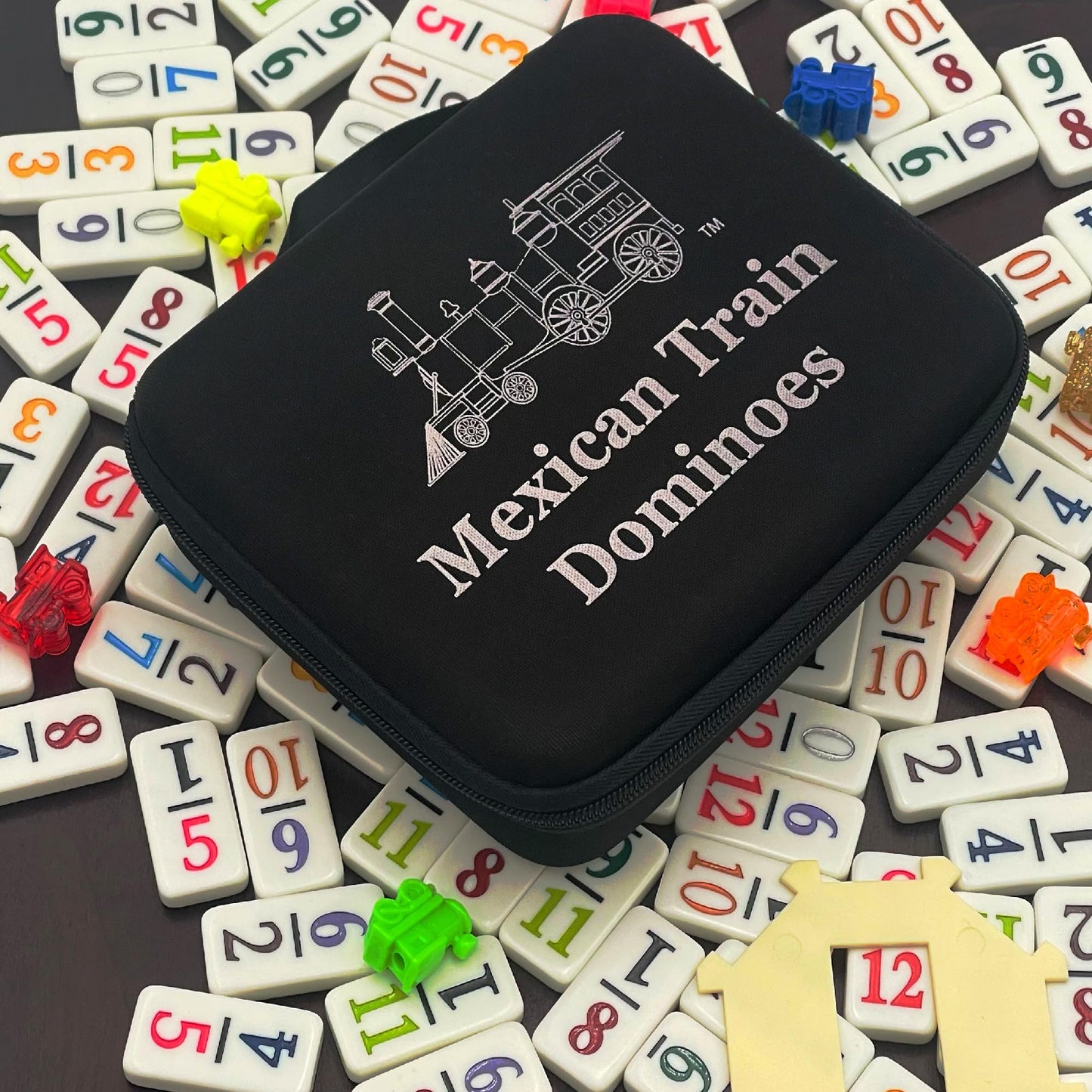 CHH Double 12 Mexican Train Number Dominoes – Travel Size with Zip Up Case, Hub & 8 Domino Trains – 91 Fun Size Numbered Dominoes