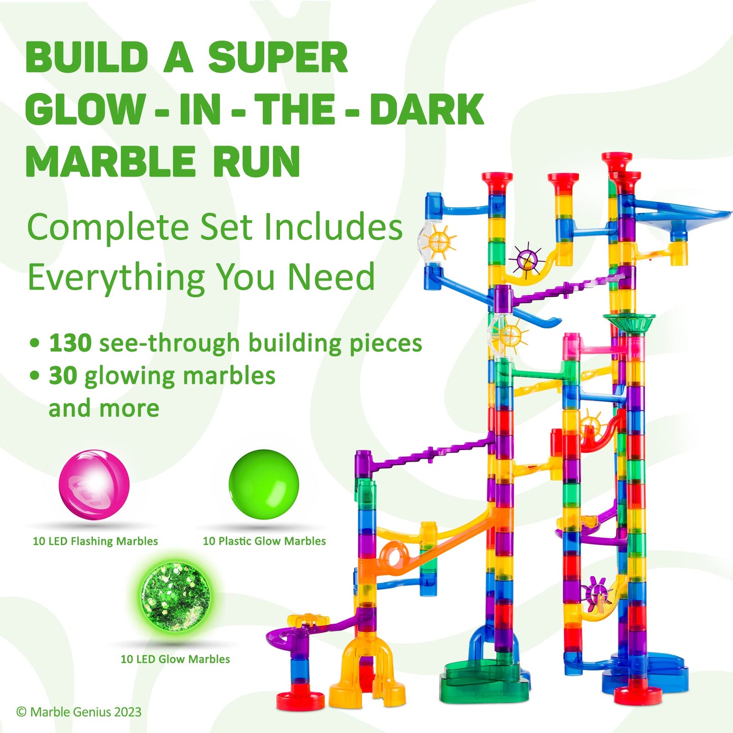 Marble Genius Marble Run Track - 200-Piece, Multicolor, Space Theme - Glow-in-The-Dark Marble Set & STEM Building Toy & Race Track for Ages 4+