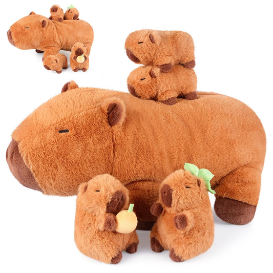 SuzziPals 5-in-1 Capybara Plush Set – Mommy Capybara with 4 Baby Stuffed Animals, Soft Pillow Plushies & Cute Gift for Girls Age 3-8