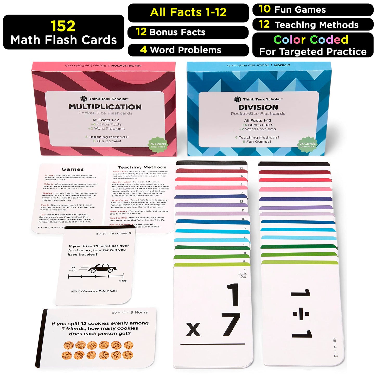 Award-Winning Math Flash Cards – 152 Multiplication & Division Facts 1–12 with Visuals, Word Problems & Games for Grades 2–6