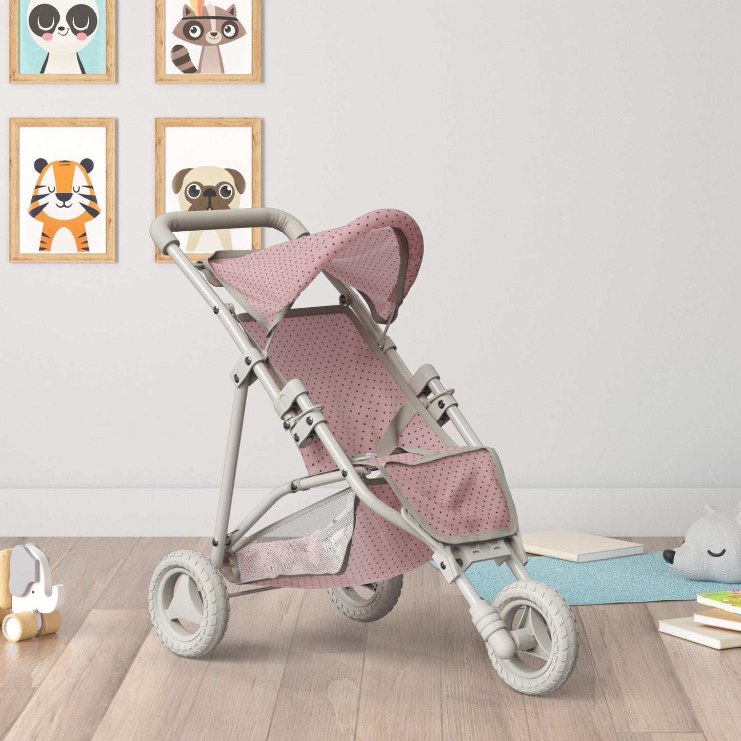 Olivia's Little World Doll Jogging-Style Stroller with Canopy, Storage Underneath, Pink and Cream and Gray