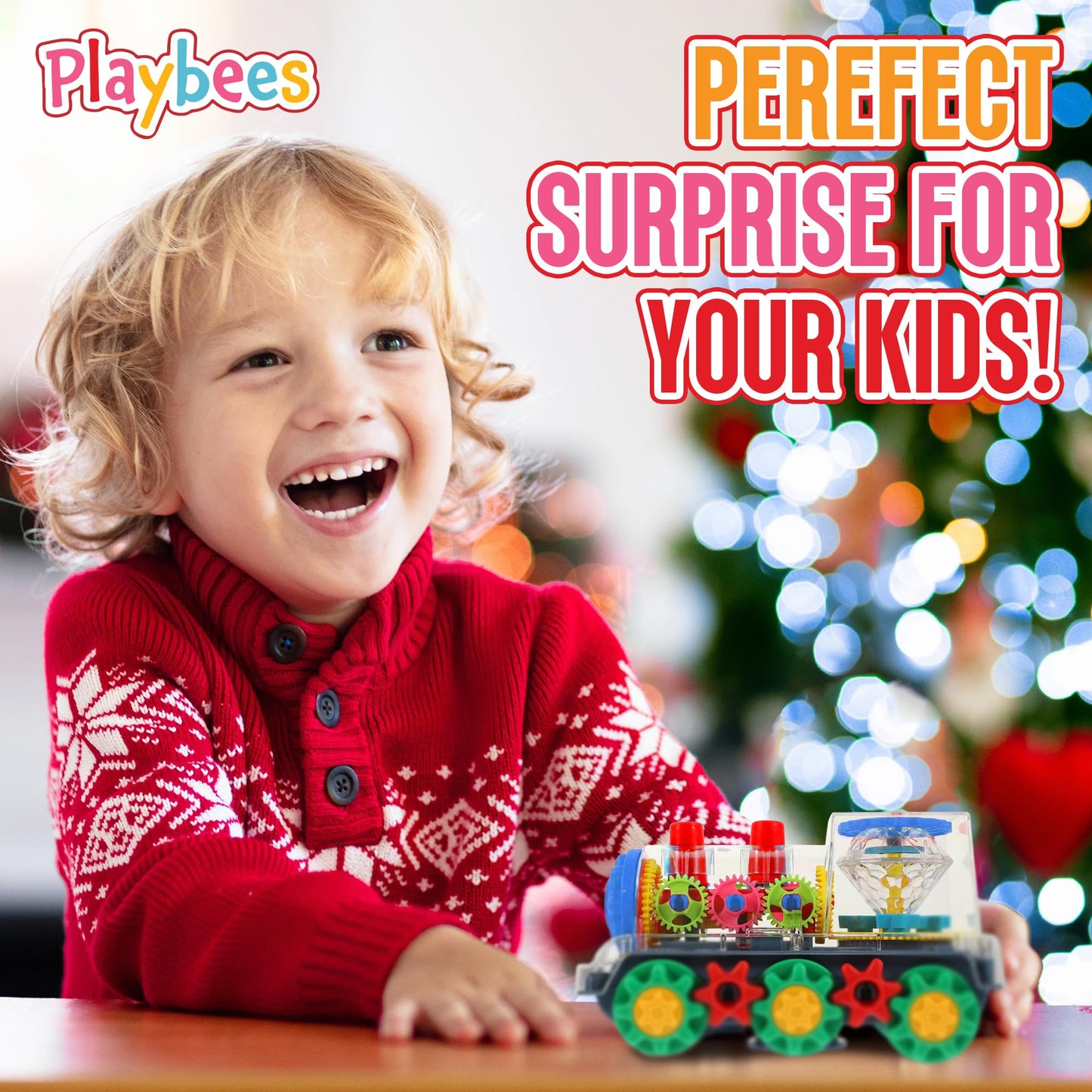 Playbees Light-Up Train Toy for Kids | Transparent Gear Cars, Flashing Lights, Music & Educational Crawling Fun, Battery Operated Birthday Gift