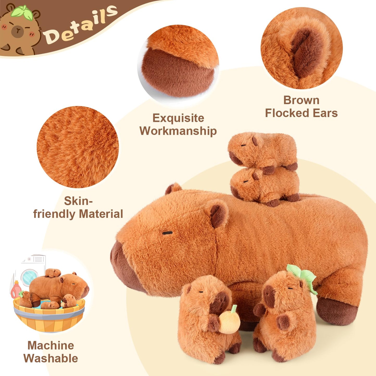SuzziPals 5-in-1 Capybara Plush Set – Mommy Capybara with 4 Baby Stuffed Animals, Soft Pillow Plushies & Cute Gift for Girls Age 3-8