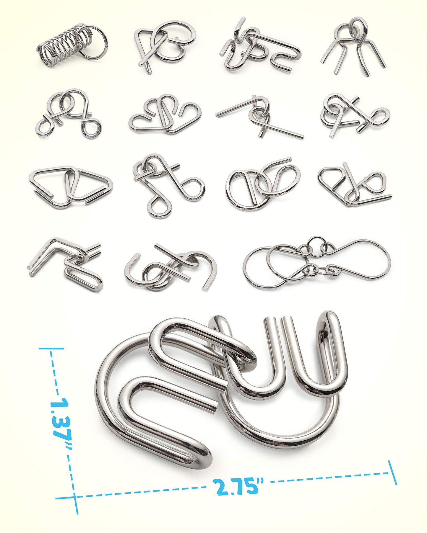 Coogam 16-Piece Metal Wire Puzzle Set with Pouch – Brain Teaser, IQ Challenge, Interlock & Chinese Ring Magic Trick Toy for Kids & Adults