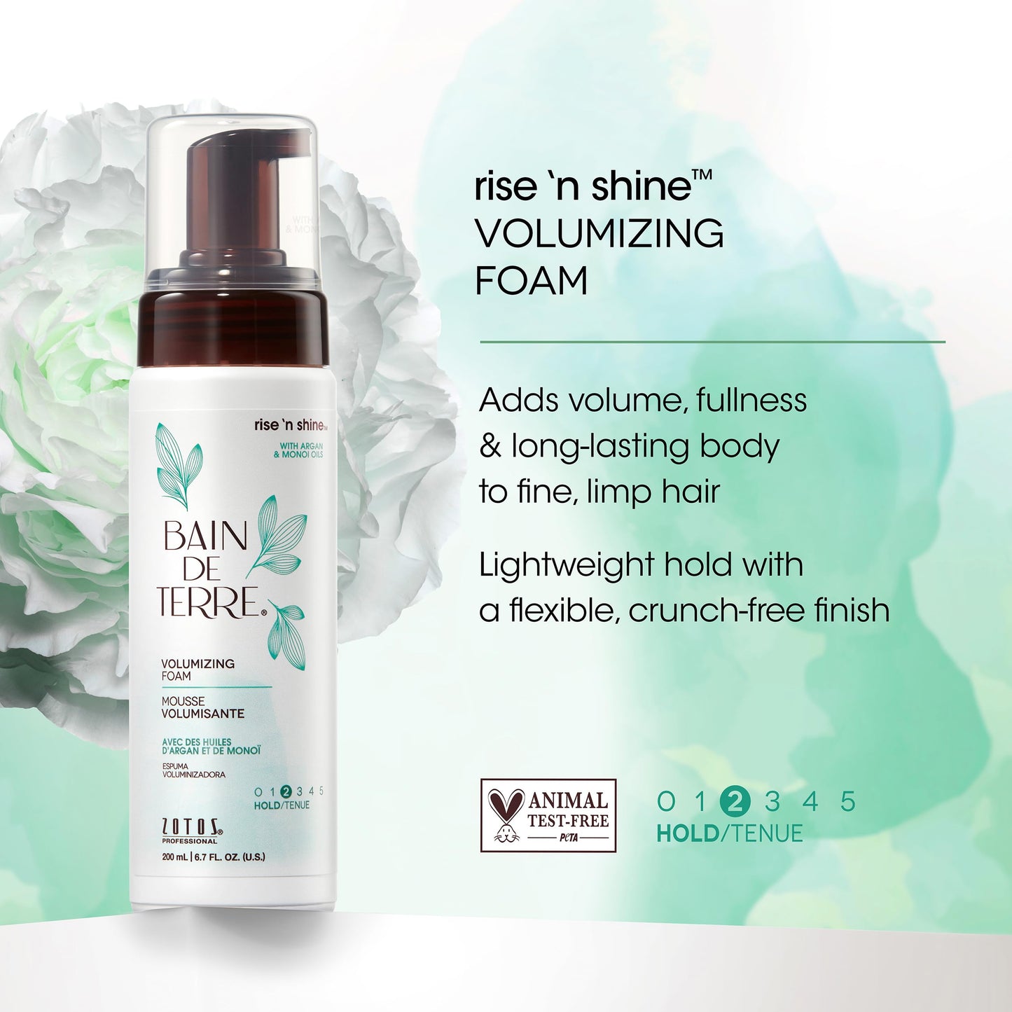 Bain de Terre Rise N' Shine Volumizing Foam, Lightweight Medium Hold & Volume with Argan & Monoi Oils, Paraben-Free, Color-Safe, Vegan, 6.7 Fl Oz