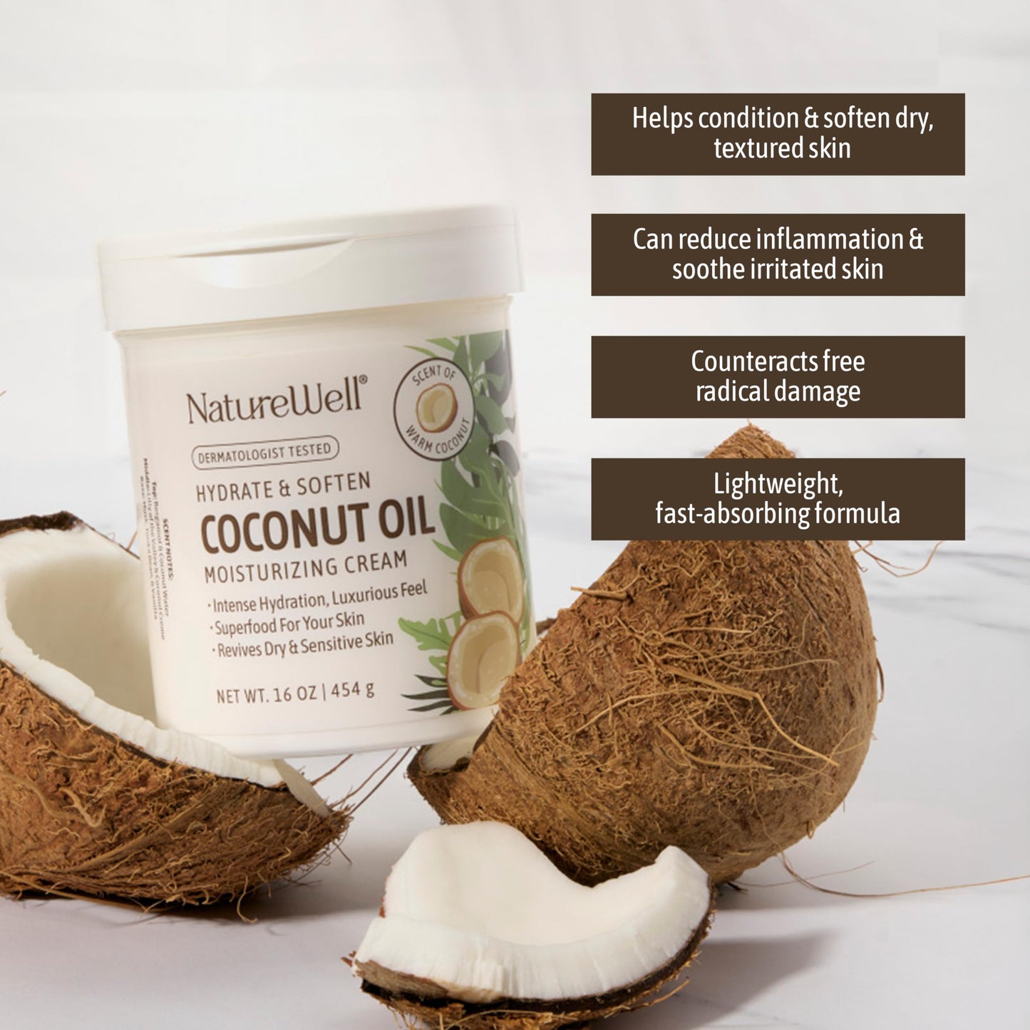 NATURE WELL Coconut Oil Moisturizing Cream – Hydrate & Soften Face, Body & Hands, Non-Greasy, Intense Hydration for Dry & Sensitive Skin, 16oz