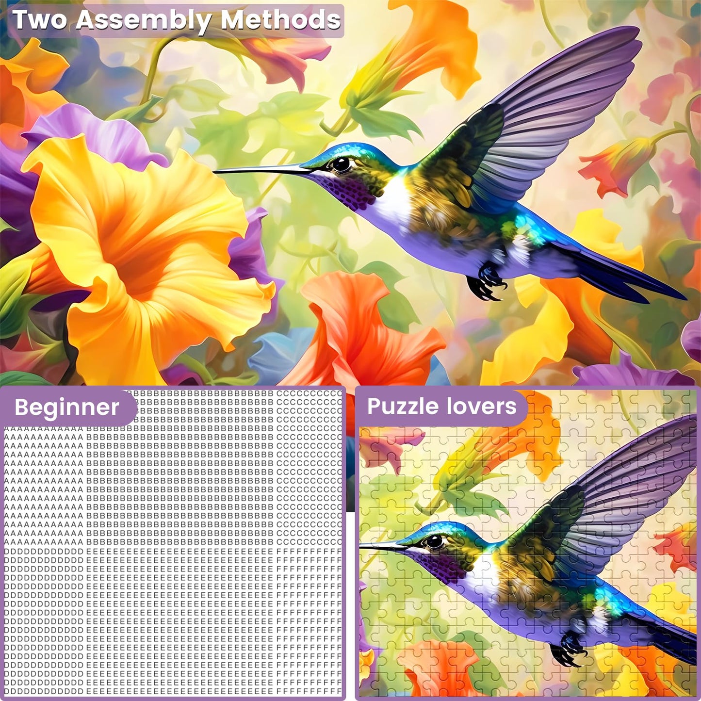 VOLUVOLU 500-Piece Flower & Hummingbird Jigsaw Puzzle – Fun Puzzle for Adults & Kids, Birthday, Family Game, Brain-Teasing Entertainment