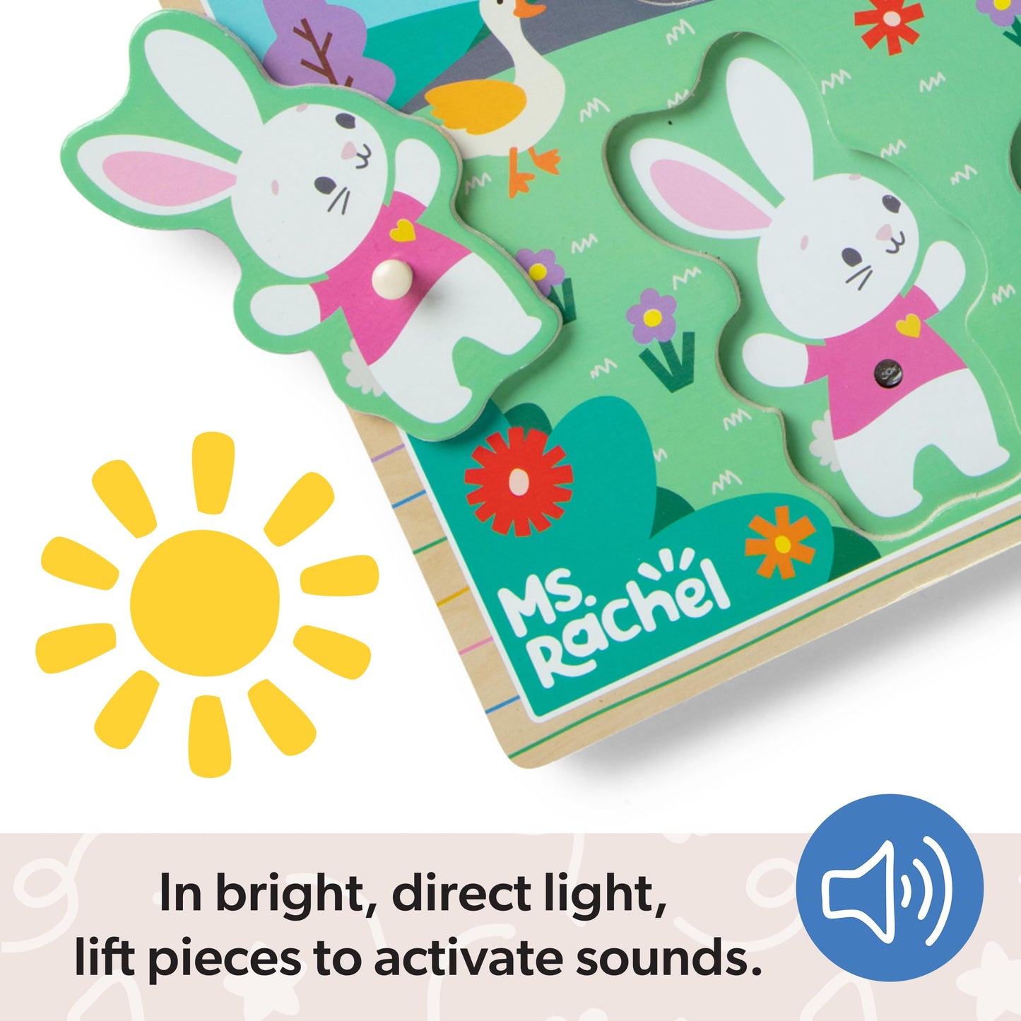 Melissa & Doug Ms. Rachel Wooden Song Peg Puzzle – 6-Piece Light-Activated Sound Puzzle, Toddler Toy for Ages 2-5+, FSC Certified