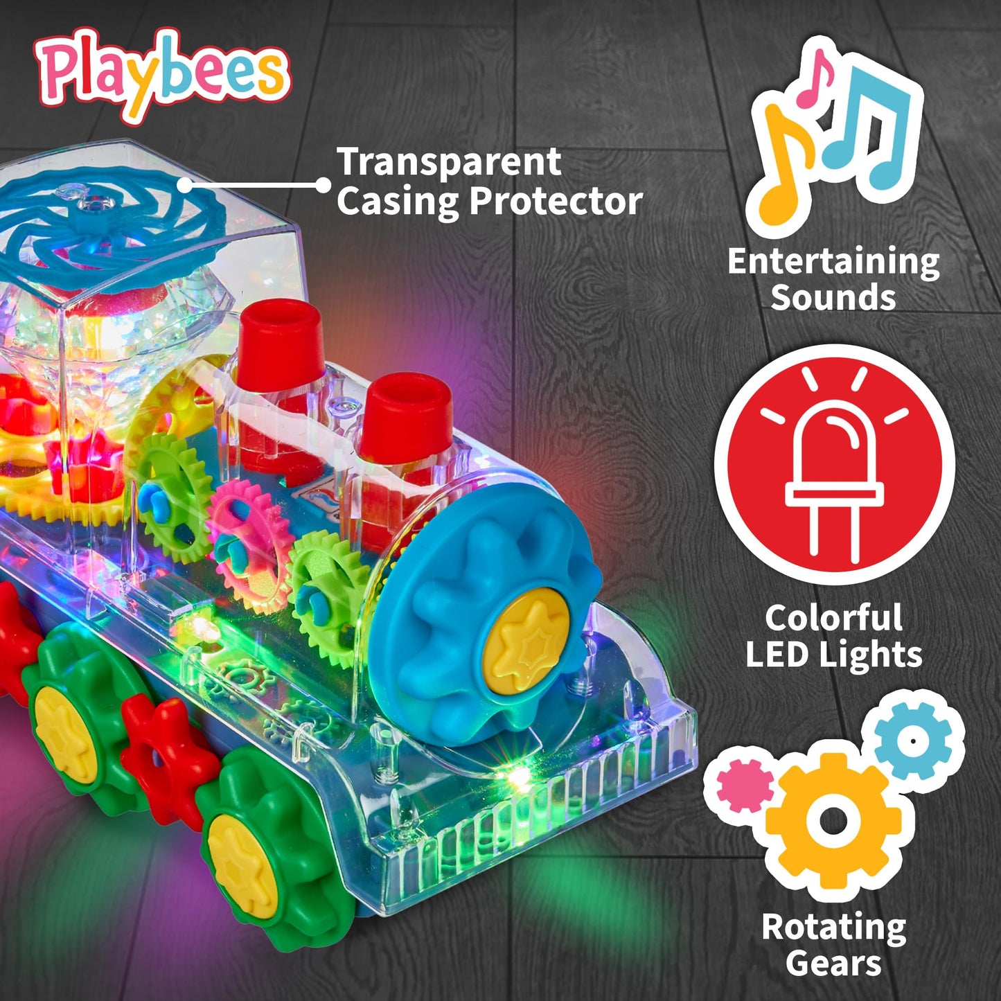 Playbees Light-Up Train Toy for Kids | Transparent Gear Cars, Flashing Lights, Music & Educational Crawling Fun, Battery Operated Birthday Gift