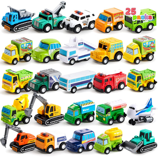 JOYIN 25-Piece Pull Back Cars & Trucks Toy Set for Toddlers, Kids Boys & Girls – Die-Cast Vehicles, Party Favors, School Gifts & Goodie Bag Stuffers
