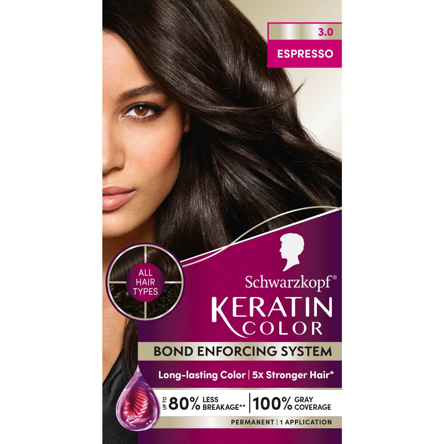 Schwarzkopf Keratin Color Permanent Hair Dye Cream 3.0 Espresso | 100% Gray Coverage | Professional Bond Enforcing System