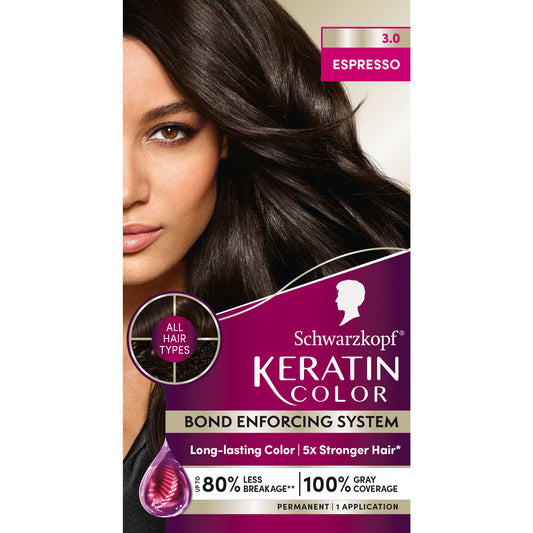 Schwarzkopf Keratin Color Permanent Hair Dye Cream 3.0 Espresso | 100% Gray Coverage | Professional Bond Enforcing System