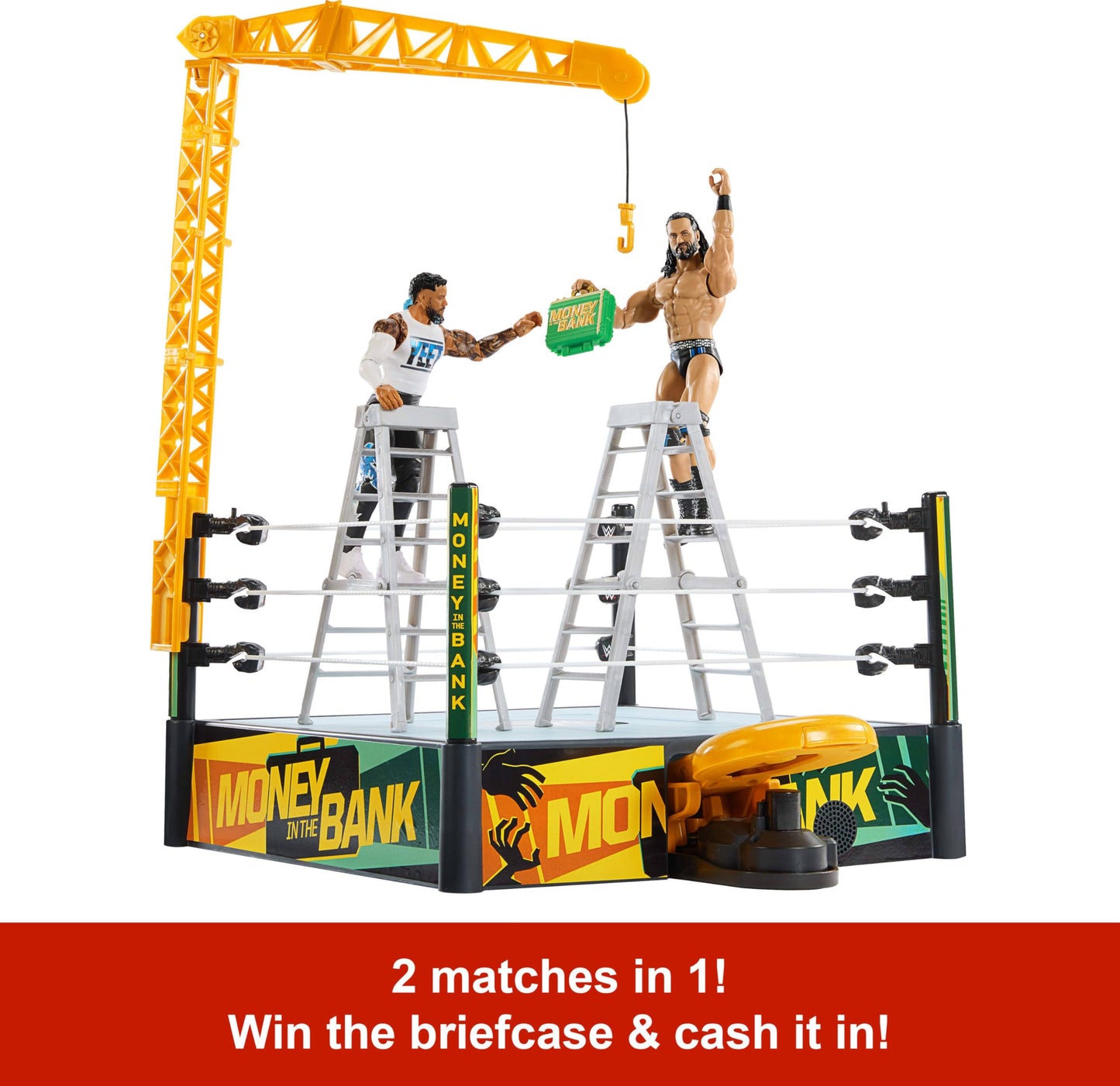 Mattel WWE Money in The Bank Cash-in Ring Playset with 2 Modes, 40+ Sounds & Phrases, Ladders, Briefcase & Launcher Crane, 13"x20"