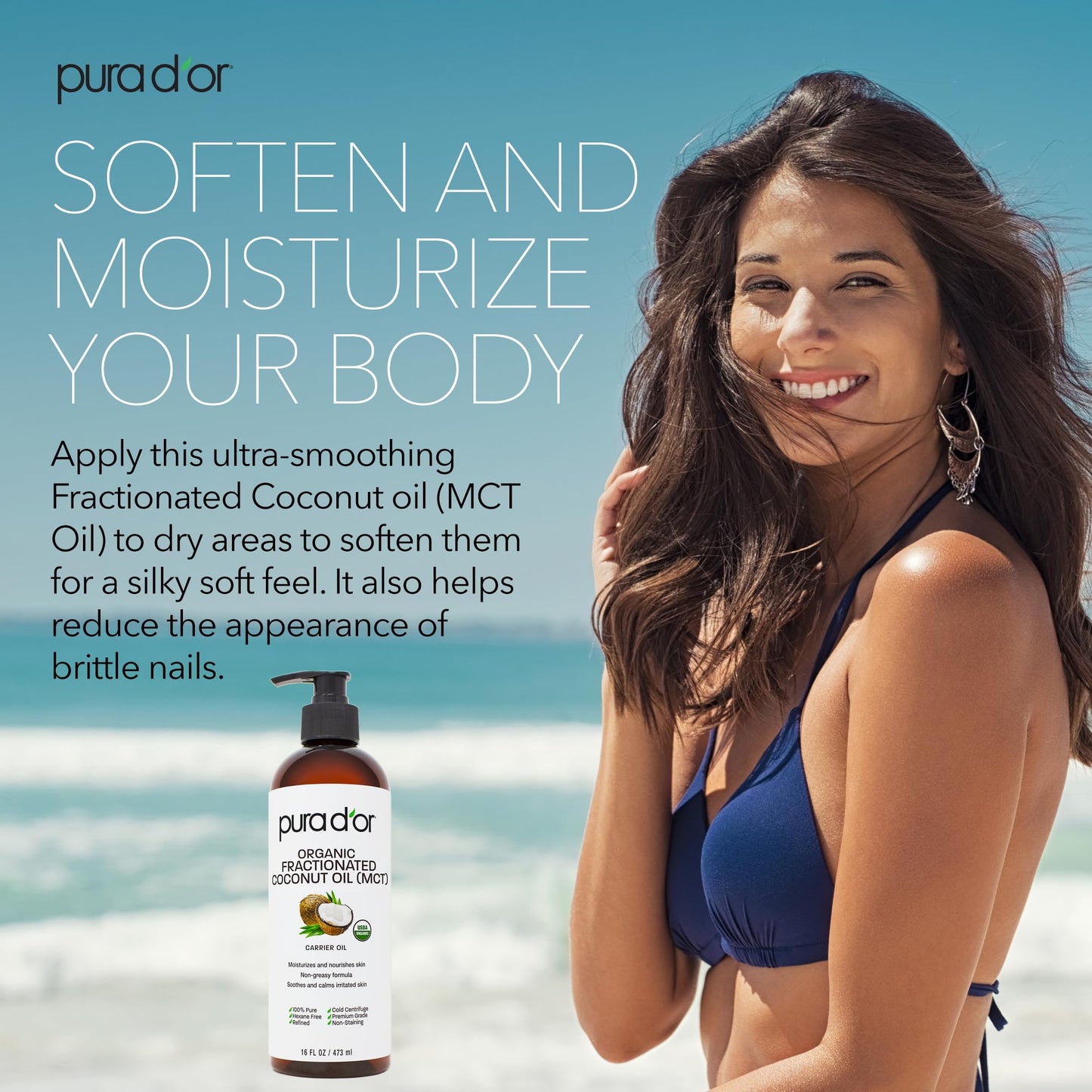 PURA D'OR 16oz Organic Fractionated Coconut Oil - MCT Carrier Oil, 100% Pure, Cold Pressed, Unscented, Hexane-Free for Hair, Skin & Face