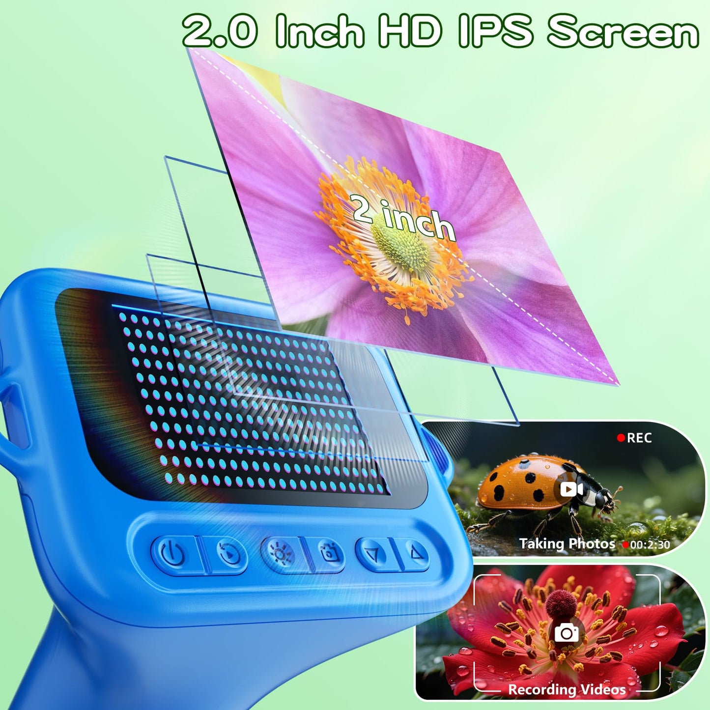 Odatay Kids Microscope 100X-1000X, 1080P Digital Handheld with 12 Slides, Mini Portable Science Toy Gift for Ages 3-12, Blue