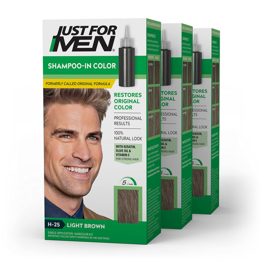 Just For Men Shampoo-In Hair Color, Light Brown H-25, Pack of 3 | With Keratin & Vitamin E for Stronger Hair | Restores Natural Color