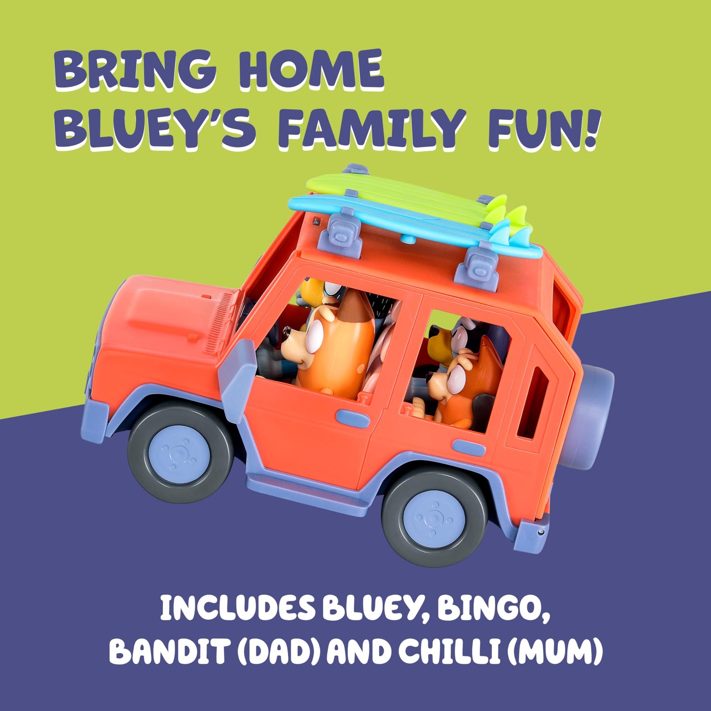 Bluey Heeler 4WD Family Toddler Toy Car with 4 Figures, Surfboards and Sticker Sheet, Pretend Play, Toys for Kids Ages 3+, Amazon Exclusive