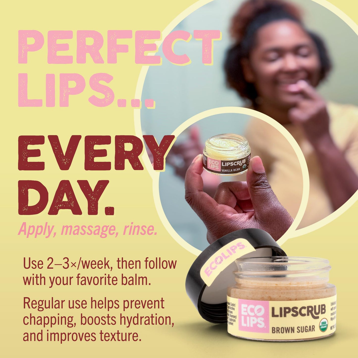 Eco Lips Lip Sugar Scrub 4-Pack, 100% Organic Lip Care, Exfoliates & Moisturizes with Sugar & Coconut Oil, 4 x 0.25oz Jars