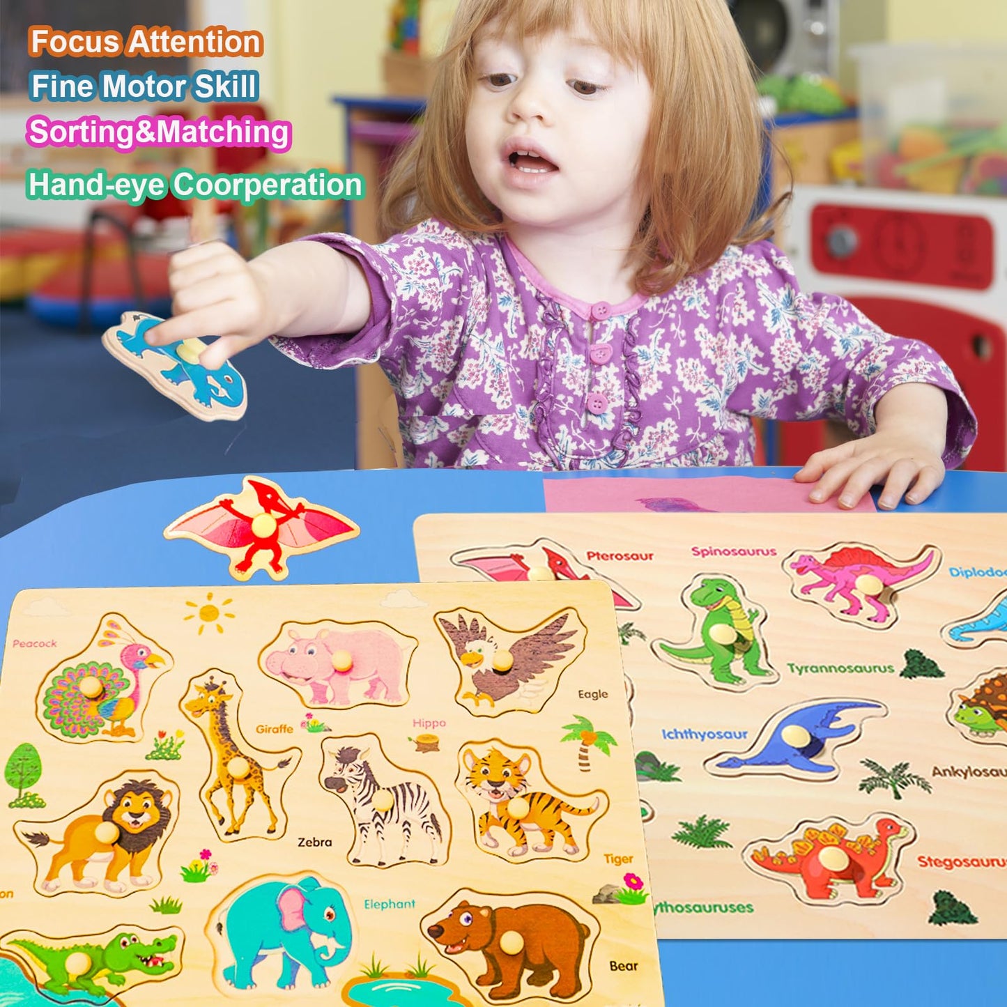 LOYUEGIYO 6PCS Toddler Wooden Peg Puzzles – Educational Sensory Toy for Kids Ages 2-5, Includes Dinosaur, Ocean, Alphabet, Numbers & More