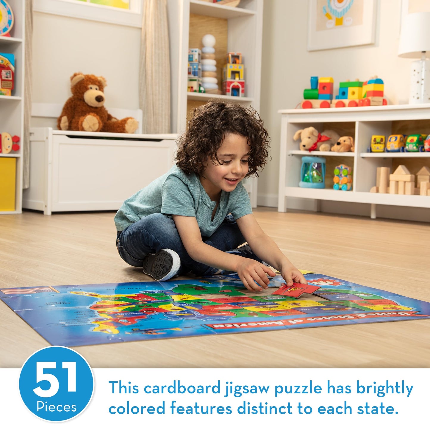 Melissa & Doug USA Map Floor Puzzle, 51 Jumbo Pieces, 2 x 3 Feet, Educational Geography Giant Puzzle for Kids Ages 6+ - FSC Certified