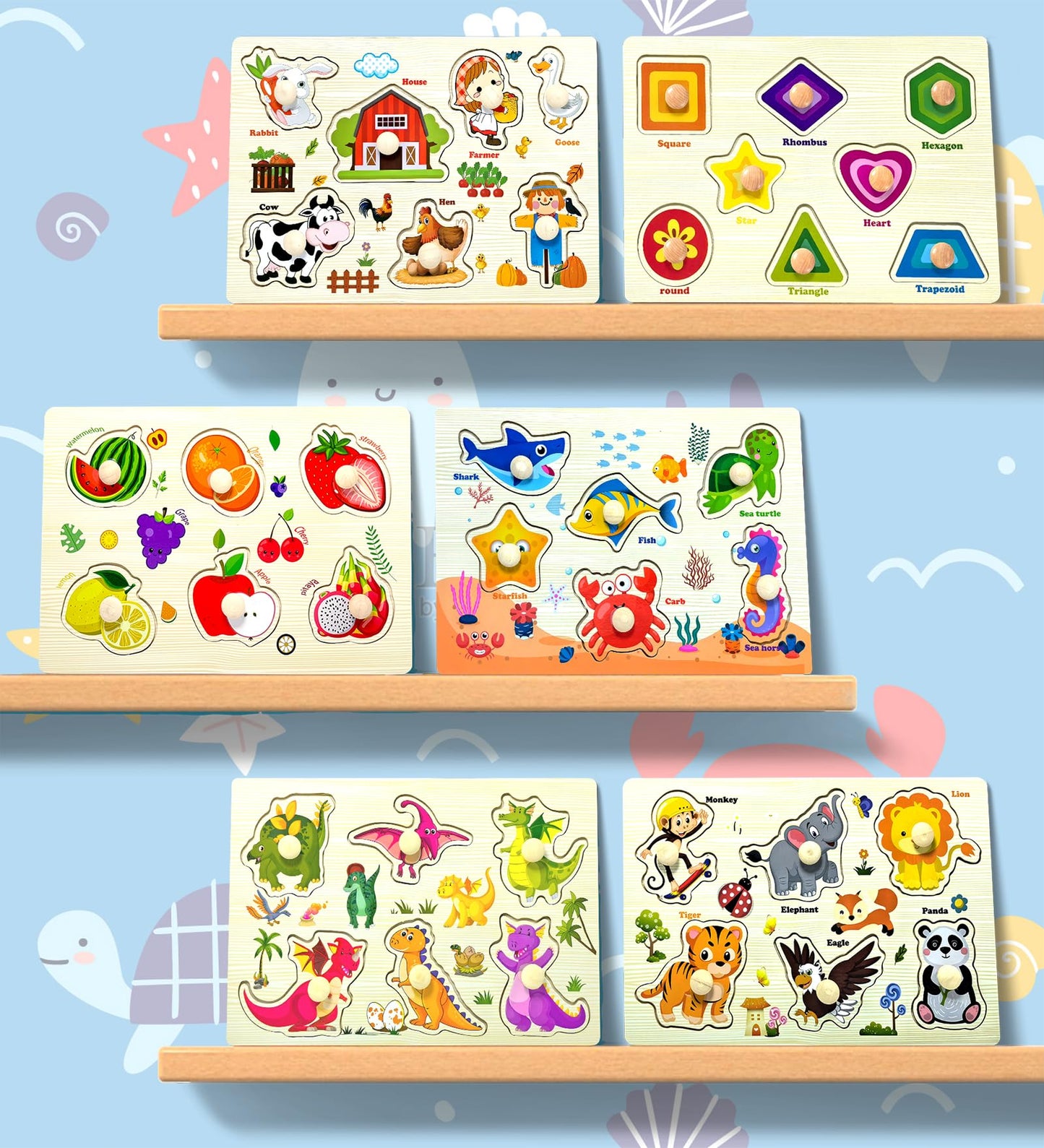 Wooden Peg Puzzles for Toddlers – 6 Montessori Learning Sets: Shapes, Farm, Sea, Dinosaurs, Fruits & Animals, Fine Motor Toys for Kids