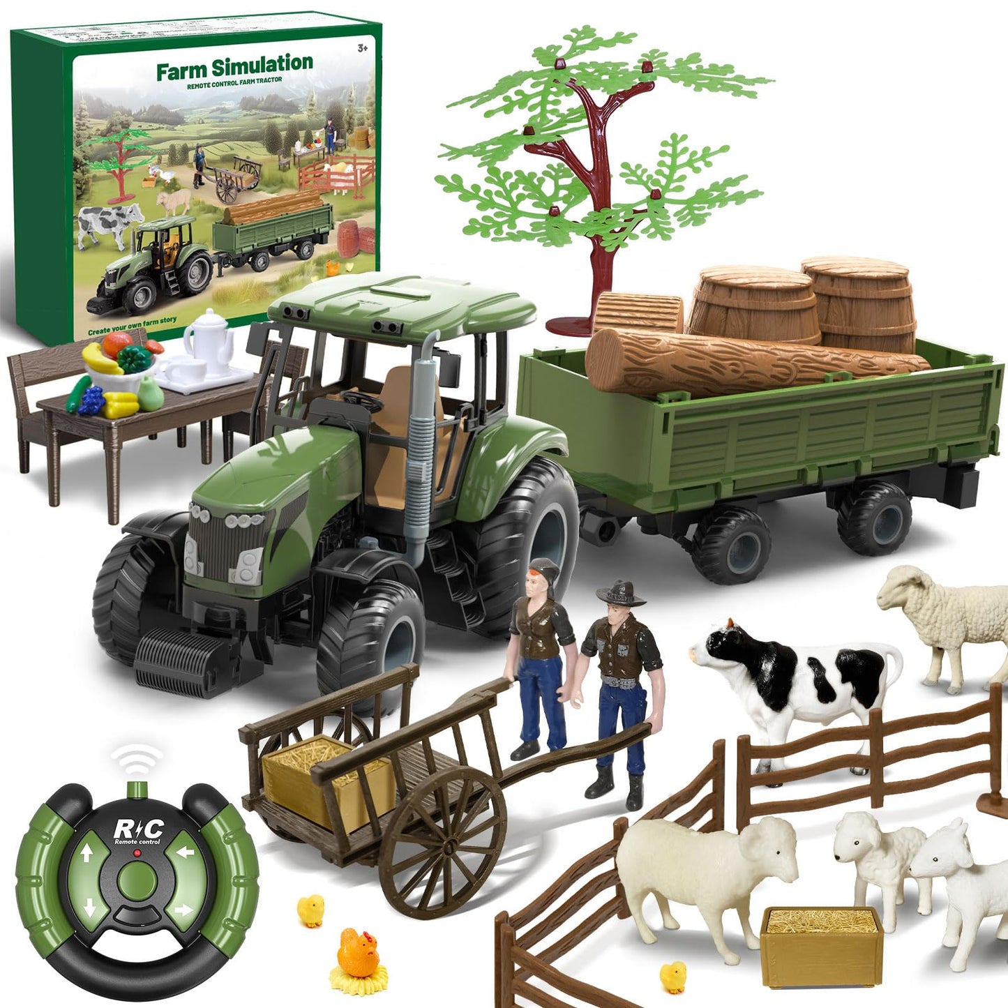 Womaqu Remote Control Tractor with Trailer Farm Toy Set with Animals, Fruits, Vegetables & Farmer Figures for Kids Ages 3-9, Boys & Girls Gifts