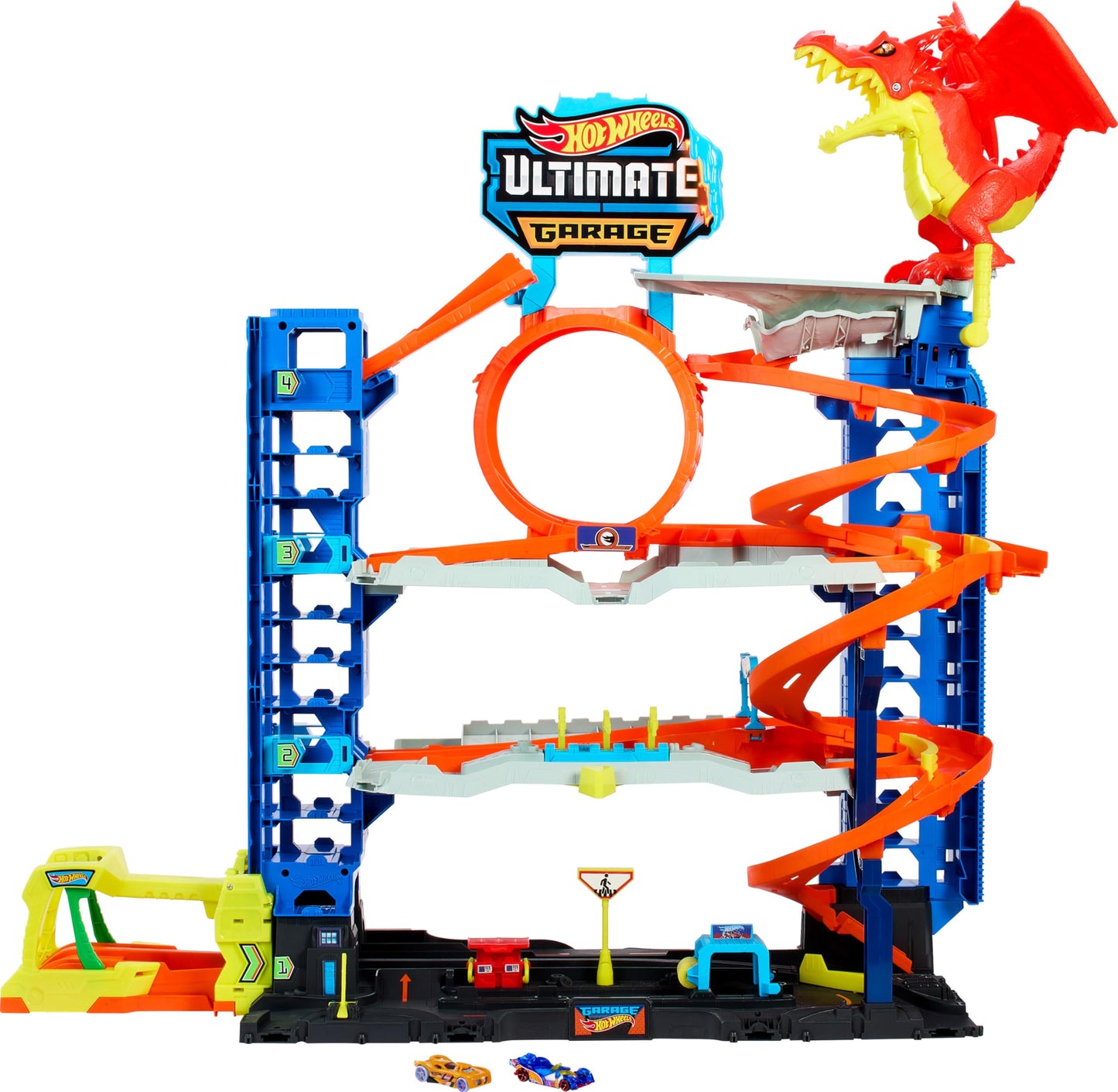 Hot Wheels City Ultimate Garage Track Set with 2 Die-Cast Toy Cars & Car-Eating Dragon, Stores 50+ Vehicles, 4 Levels