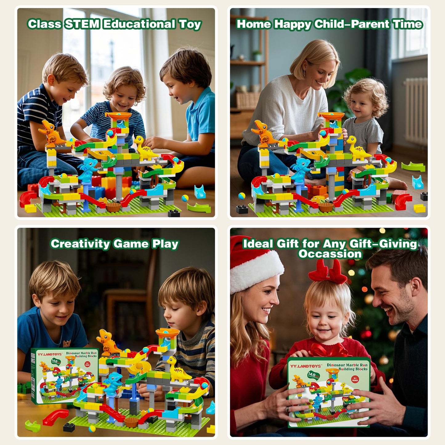 Dinosaur Marble Run Building Blocks 148PCS – STEM Learning Toy for Kids 3-8, Montessori Educational, Compatible with Lego DUPLO, Gift Idea