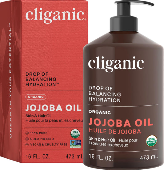 Cliganic Organic Jojoba Oil 16oz with Pump – 100% Pure Cold Pressed Moisturizing Oil for Face, Hair, Skin & Nails, Natural & Bulk Size