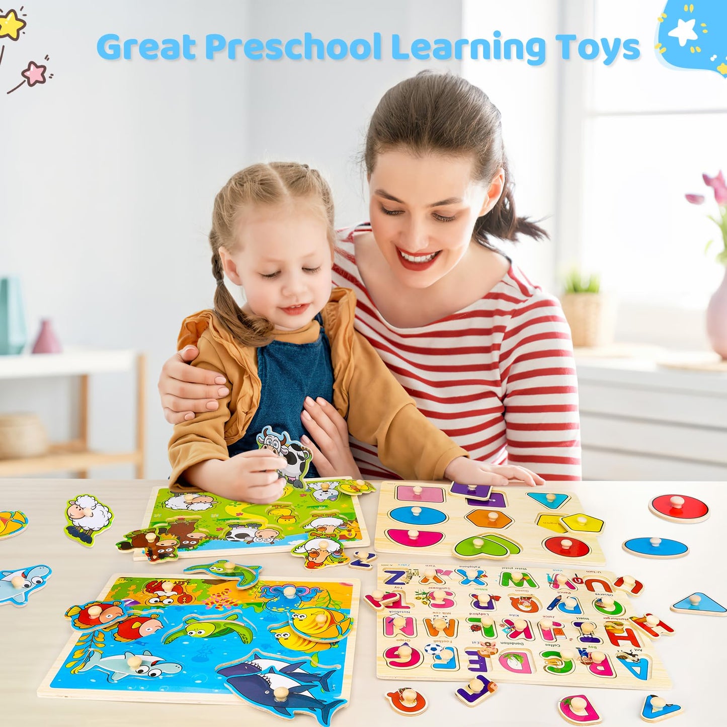 Wooden Peg Puzzles for Toddlers – 4 Pack Montessori Learning Toys with Animals, Shapes & Alphabet, Educational Gifts for Kids Ages 1-4