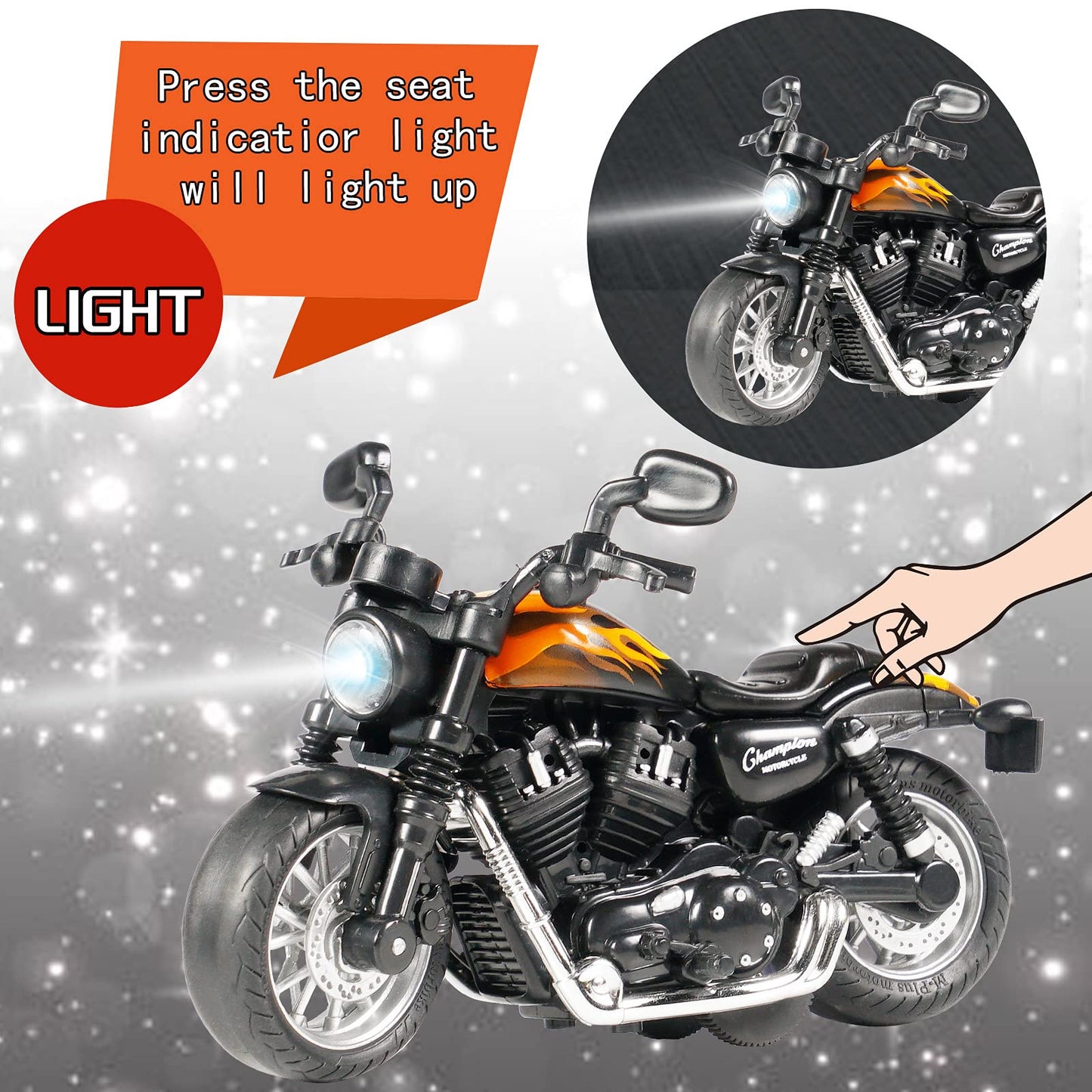 CYYSFIVQZ 1:14 Die-Cast Pullback Motorcycle Toy with Lights & Sounds, Friction Powered, Gift for Kids 3+ – Black, Birthday & Christmas