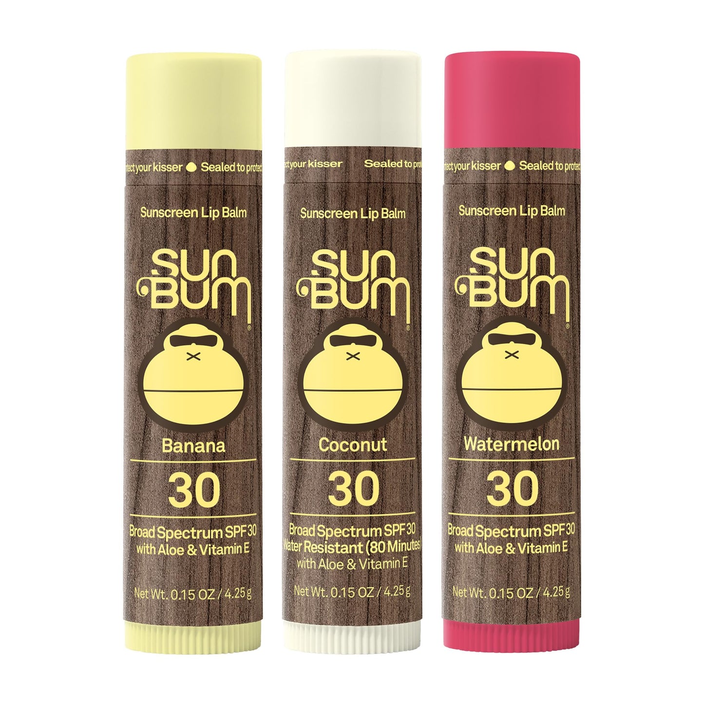 Sun Bum SPF 30 Lip Balm 3-Pack – Coconut, Banana & Watermelon, Moisturizing with Aloe & Vitamin E, Vegan, Cruelty-Free, 0.15 oz Each