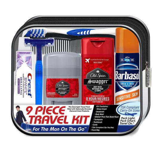 Convenience Kits International Men’s Deluxe 9-Piece Travel Kit – TSA-Compliant Essentials with Old Spice Products in Reusable Toiletry Bag
