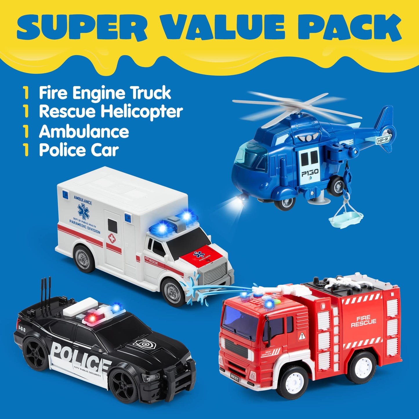 JOYIN 4-Pack Emergency Vehicle Toys, Friction Powered Fire Truck, Ambulance, Police Car & Helicopter with Lights & Sounds, Kids Gift