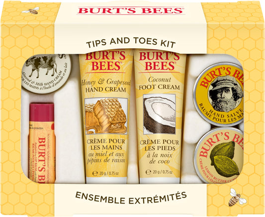 Burt's Bees Gifts Ideas - Tips and Toes Set, 6 Travel Size Products in Gift Box - 2 Hand Creams, Foot Cream, Cuticle, Hand Salve and Lip Balm
