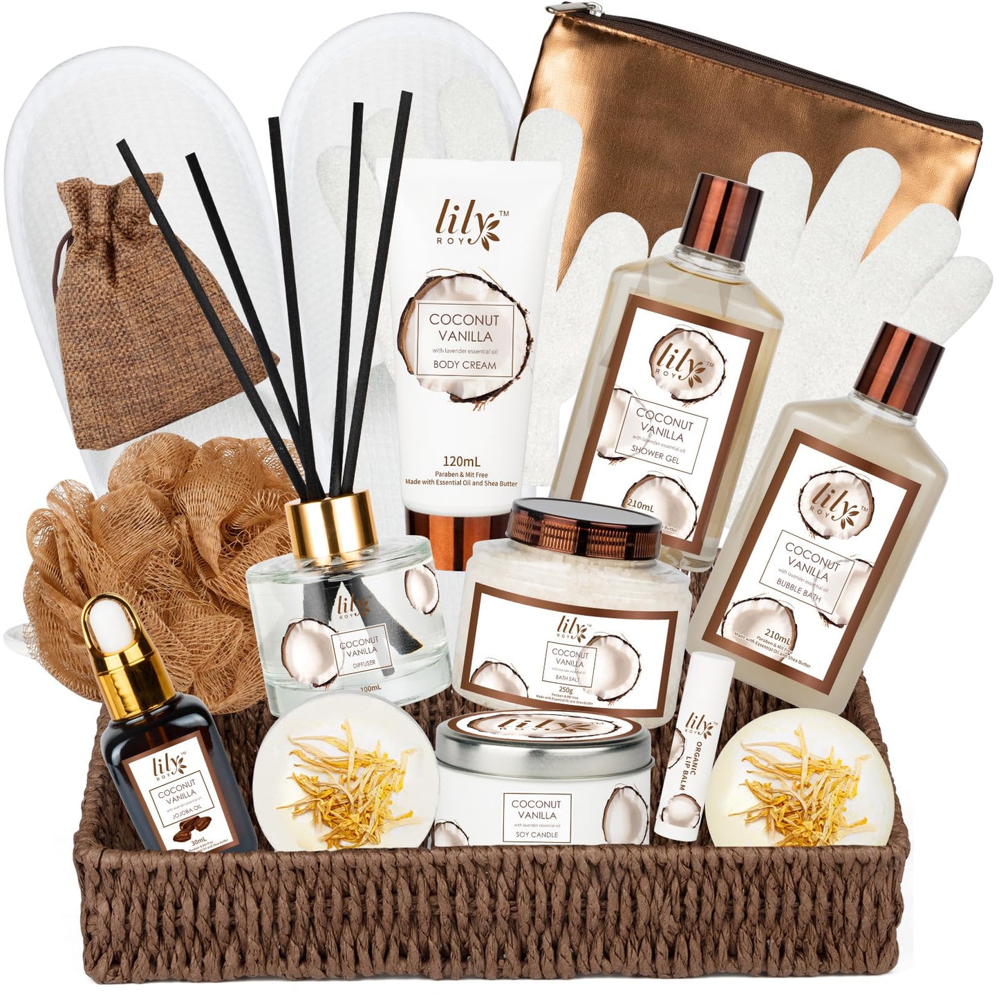Bath & Body Gift Basket for Women – 17-Piece Coconut Vanilla Spa Set, Christmas, Birthday, Mother’s Day Self-Care Gifts