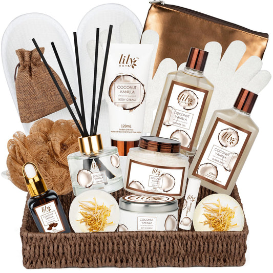Bath & Body Gift Basket for Women – 17-Piece Coconut Vanilla Spa Set, Christmas, Birthday, Mother’s Day Self-Care Gifts
