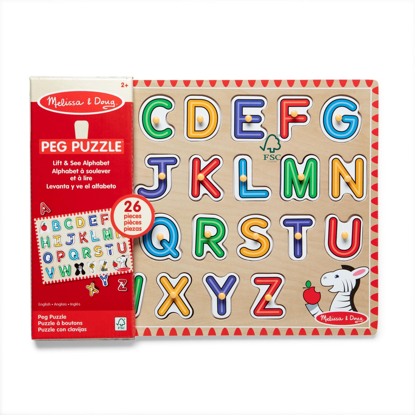Melissa & Doug Lift & See Alphabet Wooden Peg Puzzle (26 pcs) Toddler and Preschool Puzzles for Ages 1+ - FSC-Certified Materials