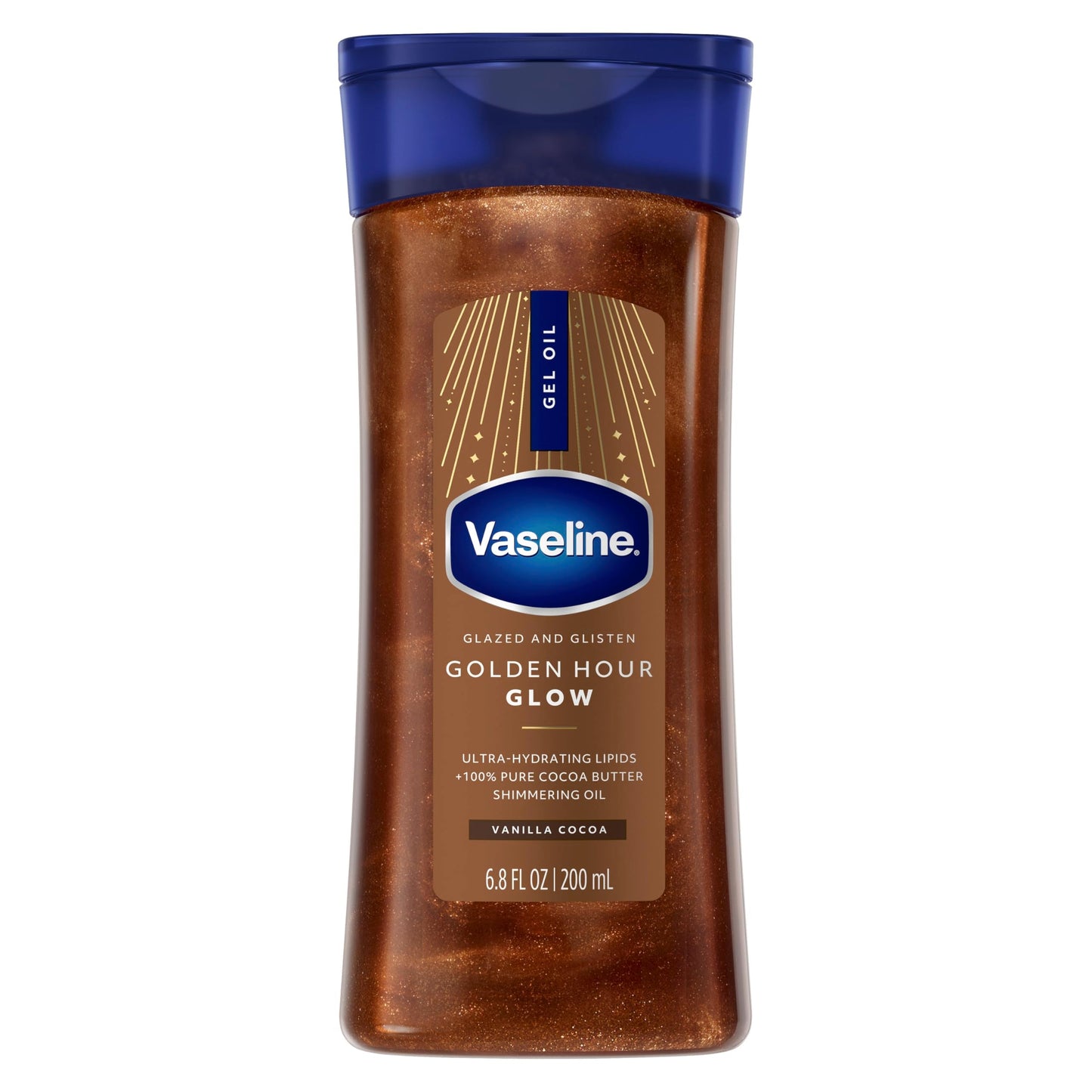 Vaseline Glazed and Glisten Golden Hour Body Gel Oil Glow Vanilla Cocoa Shimmering with Ultra-Hydrating Lipids and 100% Pure Cocoa Butter, 6.8 Oz