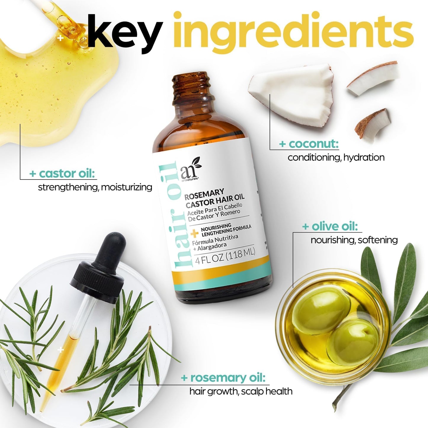 ArtNaturals Rosemary & Castor Hair Growth Oil + Scalp Massager Set | Hydrating Scalp Treatment for Dry, Itchy, Damaged Hair & Split Ends – 4 oz