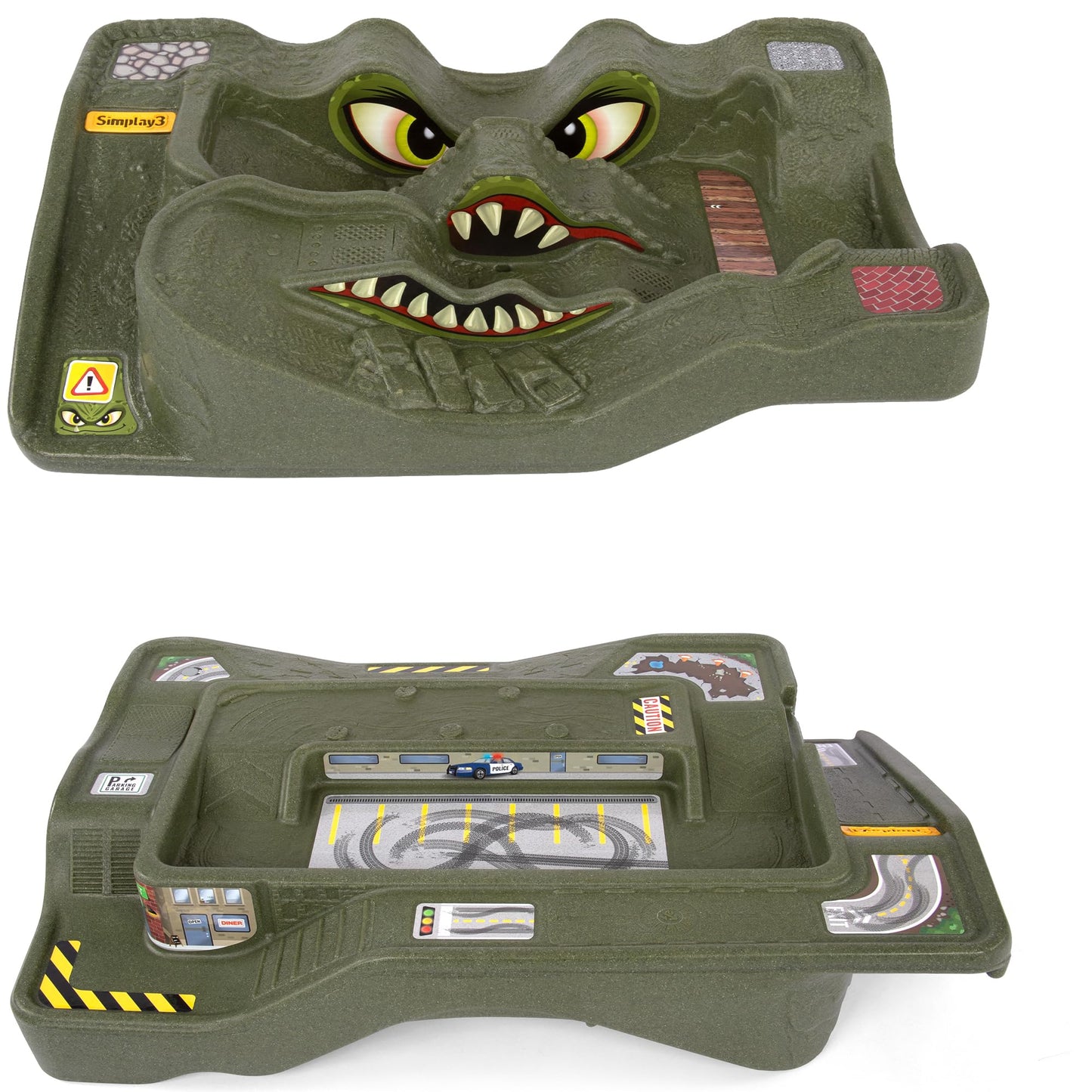 Simplay3 Monster City Extreme Wheels Car Race Track Table - 2 Sided Portable Kids Play Table with 2 Race Trucks - Red or Green - Made in USA